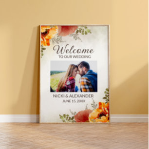Poster Bem-vindo ao Casamento de Floral Laranja Queimada