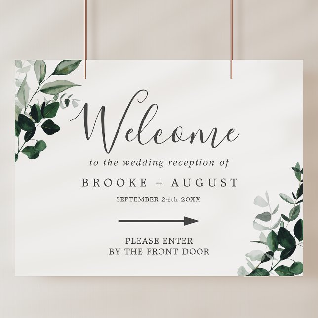 Poster Bem-vindo ao Casamento Direcional à Direita com Ve (Emerald Greenery Right Directional Wedding Welcome Poster)