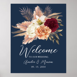 Poster Bem-vindo ao Casamento Floral Azul Marinho