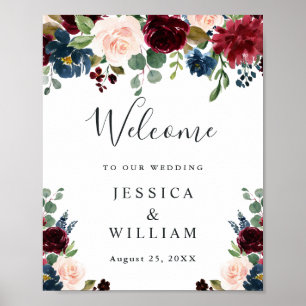 Poster Bem-vindo ao Casamento Floral Bege Azul Borgonha