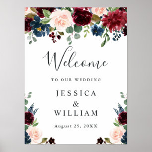 Poster Bem-vindo ao Casamento Floral Bege Azul Borgonha