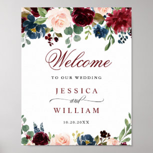 Poster Bem-vindo ao Casamento Floral Bege Azul Burgundy
