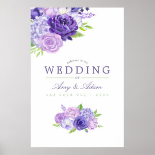 Poster Bem-vindo ao Casamento Floral de Aquarela Violeta