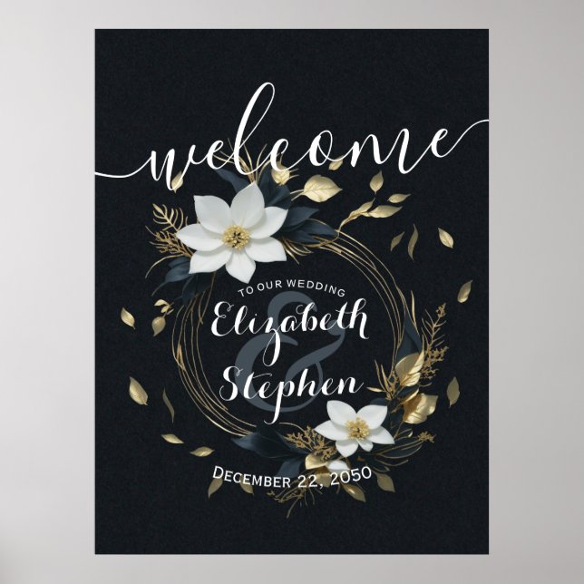 Poster Bem-vindo ao Casamento Preto Branco Dourado Floral (Frente)