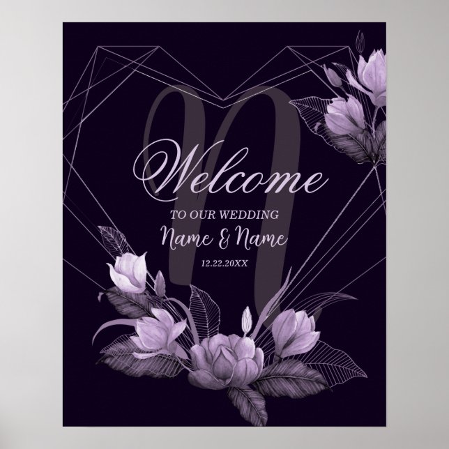 Poster Bem-vindo ao Casamento Quadro de Floral Roxo Viole (Frente)