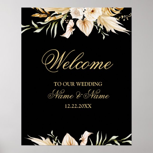 Poster Bem-vindo ao casamento Rosa Bege Floral Dourado Pr (Frente)