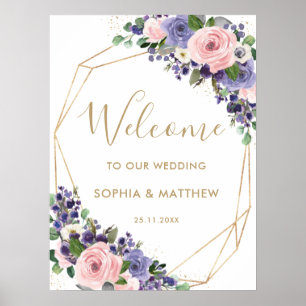 Poster Bem-vindo ao Casamento Rosa Floral Roxo Nupcial