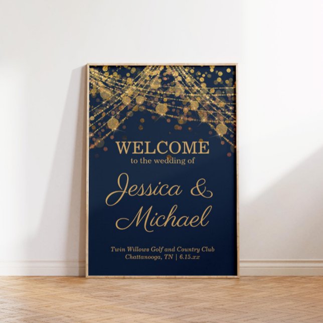 Poster Bem-vindo ao Casamento Rústico Glam Azul Marinho e (Rustic glam navy blue and gold string light wedding welcome poster)