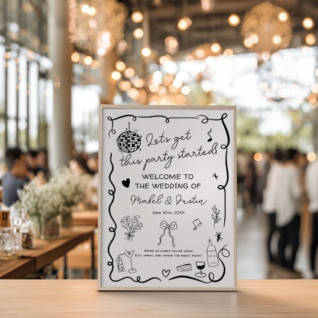 Poster Bem-vindo ao Casual Preto Quadrinho (Quirky whimsical black casual Wedding Welcome Poster)