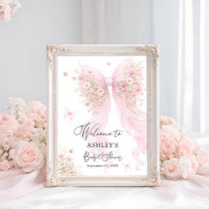 Poster Bem-vindo ao Chá de Bebê Borboleta com Laço Rosa
