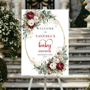 Poster Bem-vindo ao Chá de Bebê Burgundy Marrom Floral Do