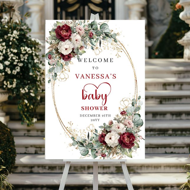 Poster Bem-vindo ao Chá de Bebê Burgundy Marrom Floral Do (Burgundy Maroon Floral Gold Baby Shower Welcome)