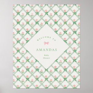 Poster bem-vindo ao chá de bebê com laço rosa floral cott