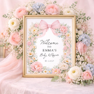 Poster Bem-vindo ao Chá de Bebê Coquette Floral com Laço 