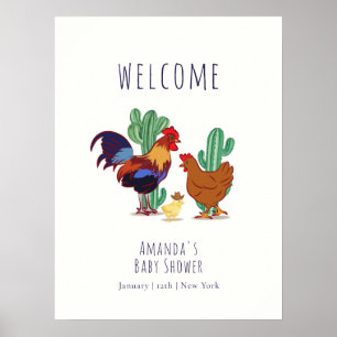 Poster Bem-vindo ao Chá de Bebê Cowboy Cactus Galo Frango