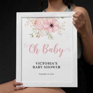 Poster Bem-vindo ao Chá de Bebê da Menina Floral Rosa Oh