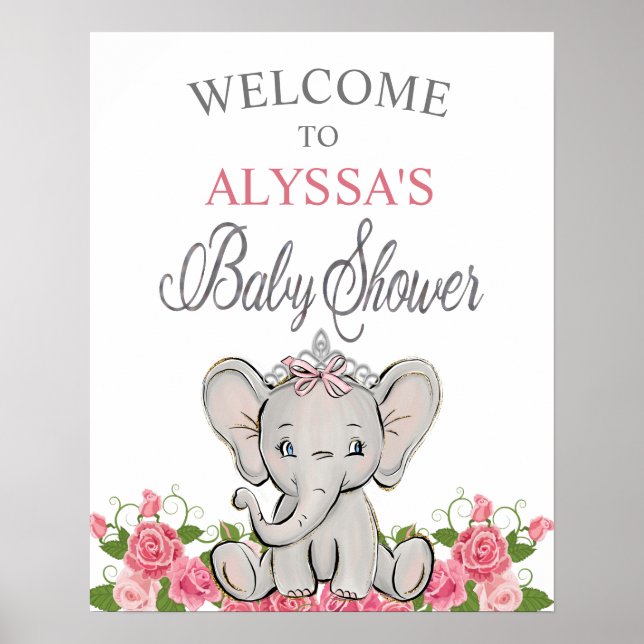 Poster Bem-vindo ao Chá de Bebê da Princesa Rosa Elefante (Frente)