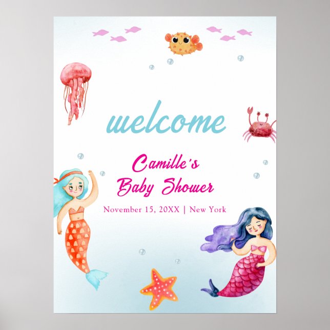 Poster Bem-vindo ao Chá de Bebê da Sereia Princesa Oceano (Frente)