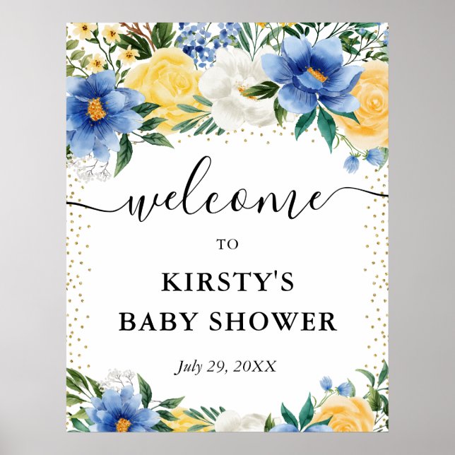 Poster Bem-vindo ao Chá de Bebê das Flores Azuis e Amarel (Frente)
