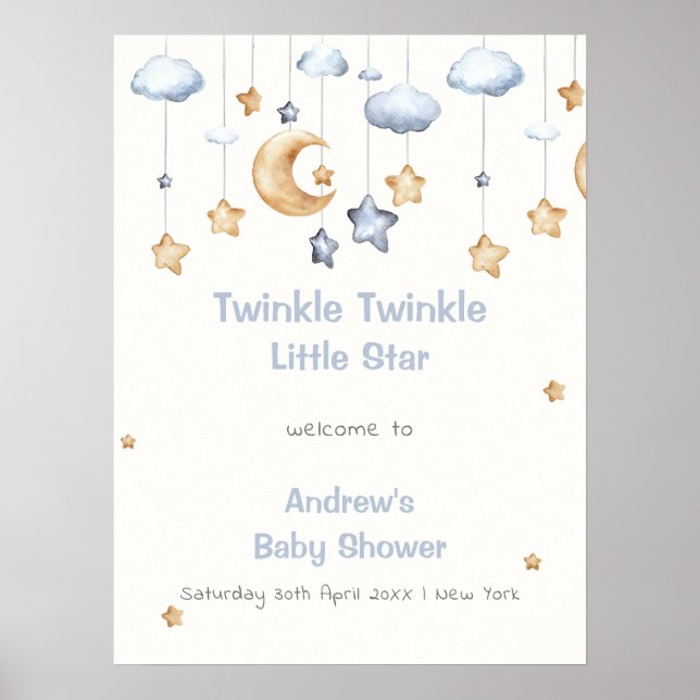 Poster Bem-vindo ao Chá de Bebê Elegante Azul Twinkle Twi (Frente)