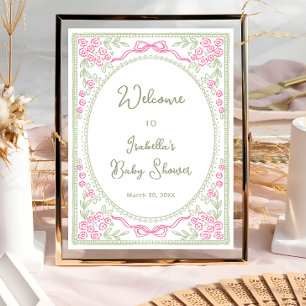 Poster Bem-vindo ao Chá de Bebê Flor Silvestre Rosa Verde