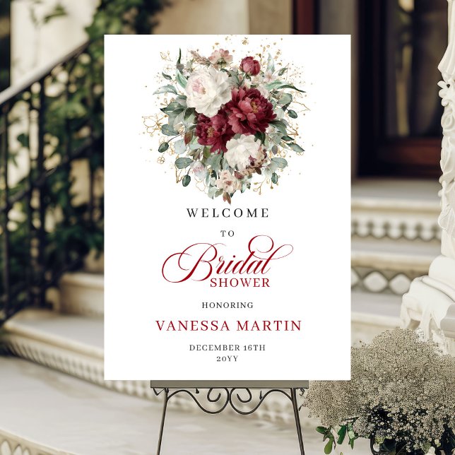 Poster Bem-vindo ao Chá de Bebê Floral Marsala (Marsala Floral Greenery Bridal Shower Welcome)