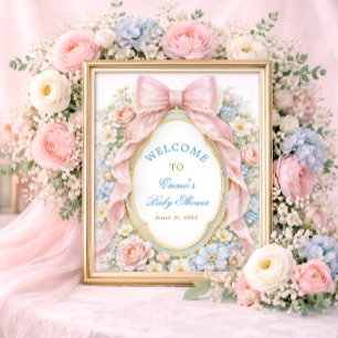 Poster Bem-vindo ao Chá de Bebê Floral Rosa Coquete Menin