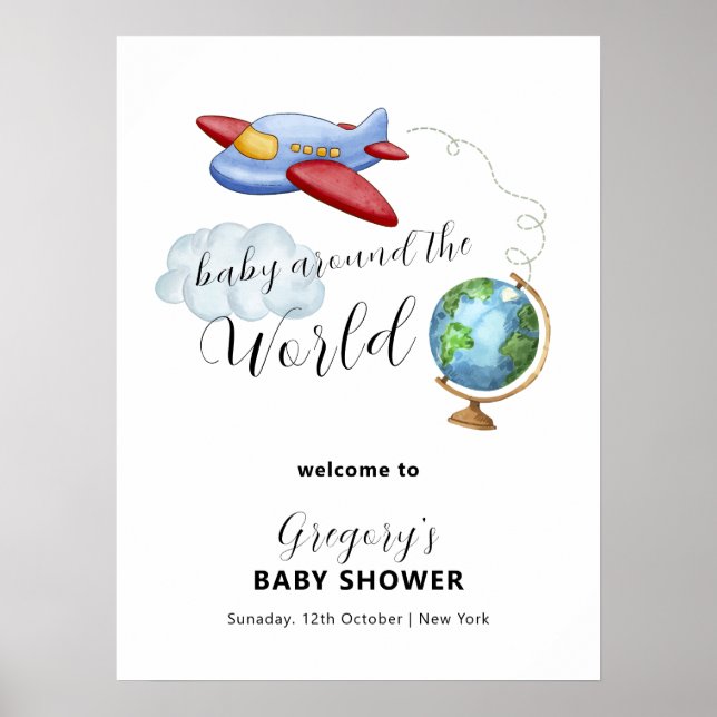 Poster Bem-vindo ao Chá de Bebê Mapa Avião Ao Redor do Mu (Frente)