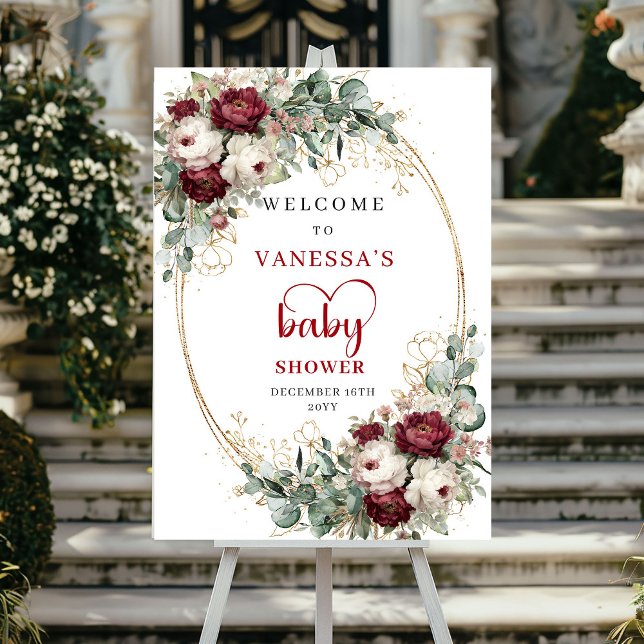 Poster Bem-vindo ao Chá de Bebê Marsala Floral Verde (Marsala Floral Greenery Baby Shower Welcome)