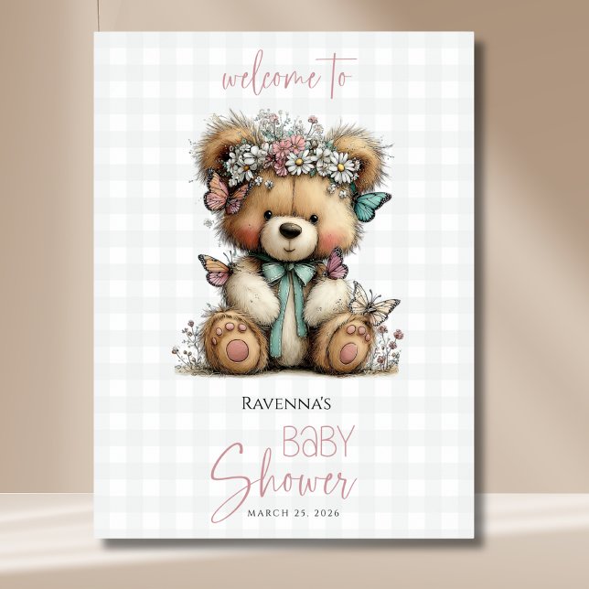Poster Bem-vindo ao Chá de Bebê Plaid Teddy Butterfly Dai (Criador carregado)