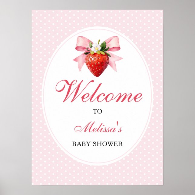 Poster Bem-vindo ao Chá de Bebê Rosa Coquette de Morango (Frente)
