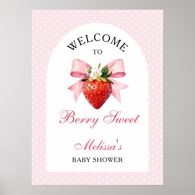 Poster Bem-vindo ao Chá de Bebê Rosa Coquette de Morango (Frente)