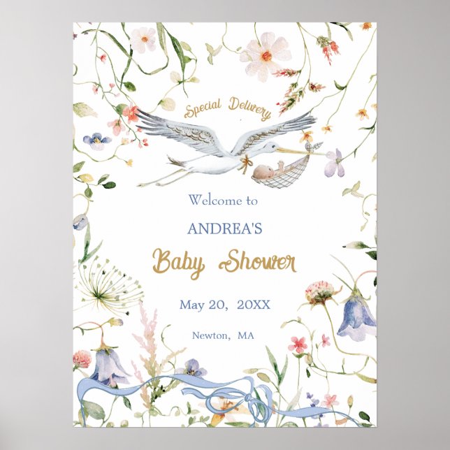 Poster Bem-vindo ao Chá de Bebê Stork Wildflower Ribbon (Frente)