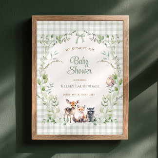 Poster Bem-vindo ao Chá de Bebê Verde Xadrez Sage da Flor