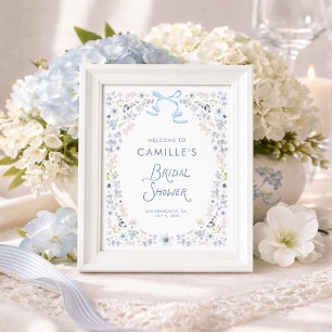 Poster Bem-vindo ao Chá de Noiva Floral Azul Jardim