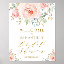 Poster Bem-vindo ao Chá de Noiva Rosa Bege Floral Dourado