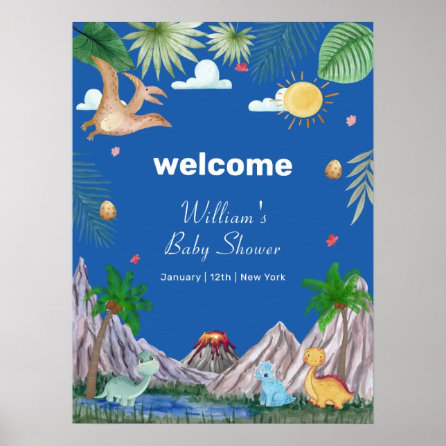 Poster Bem-vindo ao Chuveiro de Bebê Floresta Vulcão Azul (Frente)