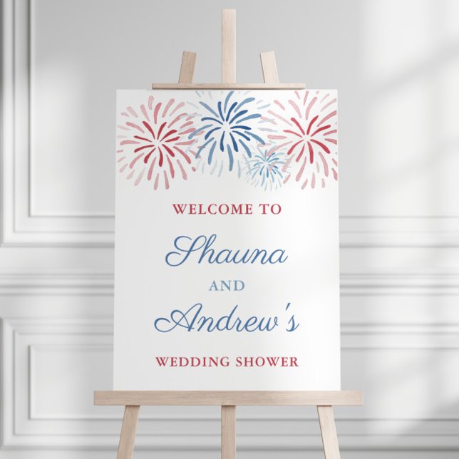 Poster Bem-vindo ao Chuveiro de Casamento de Casais de Fo (Red White and Blue firework bursts Independence Day Holiday Weekend Wedding Shower Welcome Sign)