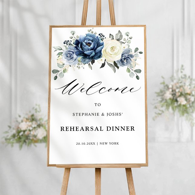 Poster Bem-vindo ao jantar de ensaio Champanhe Azul Empoe (Dusty Blue Champagne ivory floral  Rehearsal Dinner Welcome  Poster)