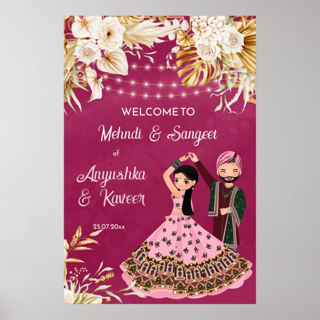 Poster Bem-vindo ao mehndi sangeet rosa dourado casamento (Frente)