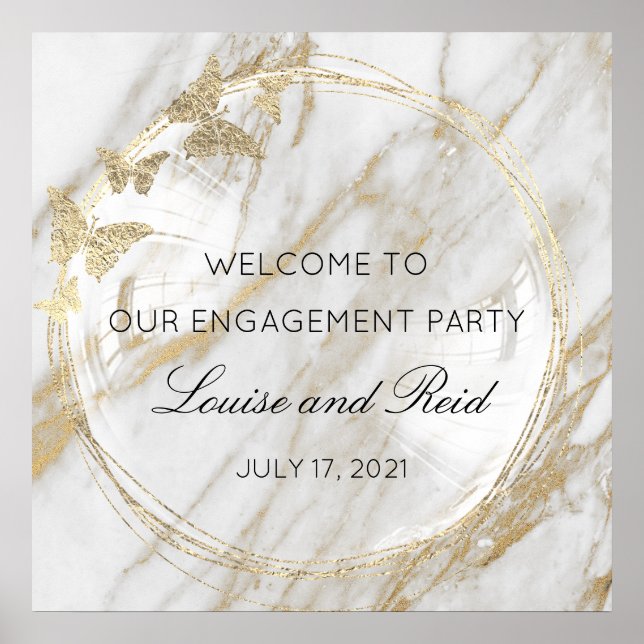 Poster Bem-vindo ao Noivado de Casamento Mármore Dourado (Frente)