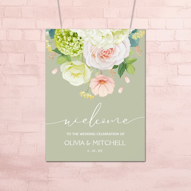 Poster Bem-vindo ao Nosso Casamento Sage Green (Flowers on Sage Green Wedding Welcome Poster - INSTANT DOWNLOAD or PRINTED (framed, too))
