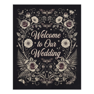 Pôster Bem-vindo ao Nosso Casamento Sinal Floral Escuro G