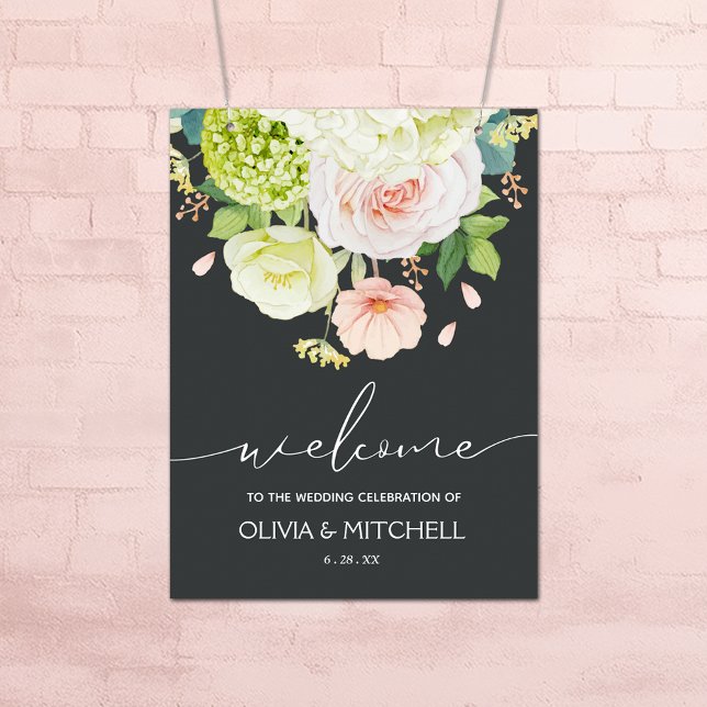 Poster Bem-vindo ao nosso Floral de Casamento (Flowers on Pale Onyx Wedding Welcome Poster - INSTANT DOWNLOAD or PRINTED (framed, too))