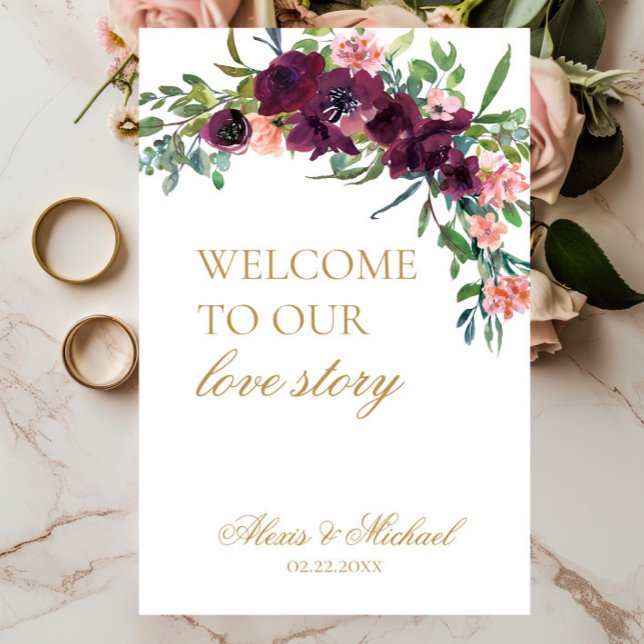 Poster Bem-vindo ao nosso Sinal de Casamento Floral da Hi (Welcome to Our Love Story Wedding Sign, Burgundy Blush Pink Floral,  Wedding Ceremony, Reception )