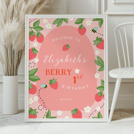 Poster Bem-vindo ao Primeiro Aniversário Morango Rosa