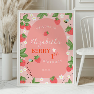 Poster Bem-vindo ao Primeiro Aniversário Morango Rosa