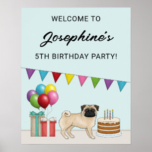 Poster Bem-vindo ao Pug Cartoon Fofa de Aniversário