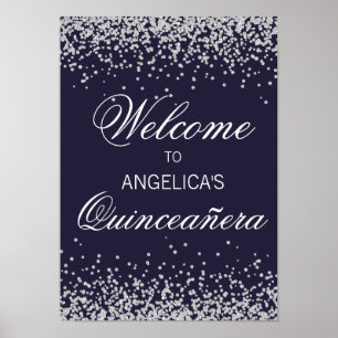 Poster Bem-vindo ao Quinceañera Azul Marinho com Brilho P