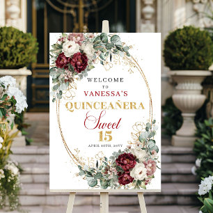 Poster Bem-vindo ao Quinceañera floral em vermelho profun